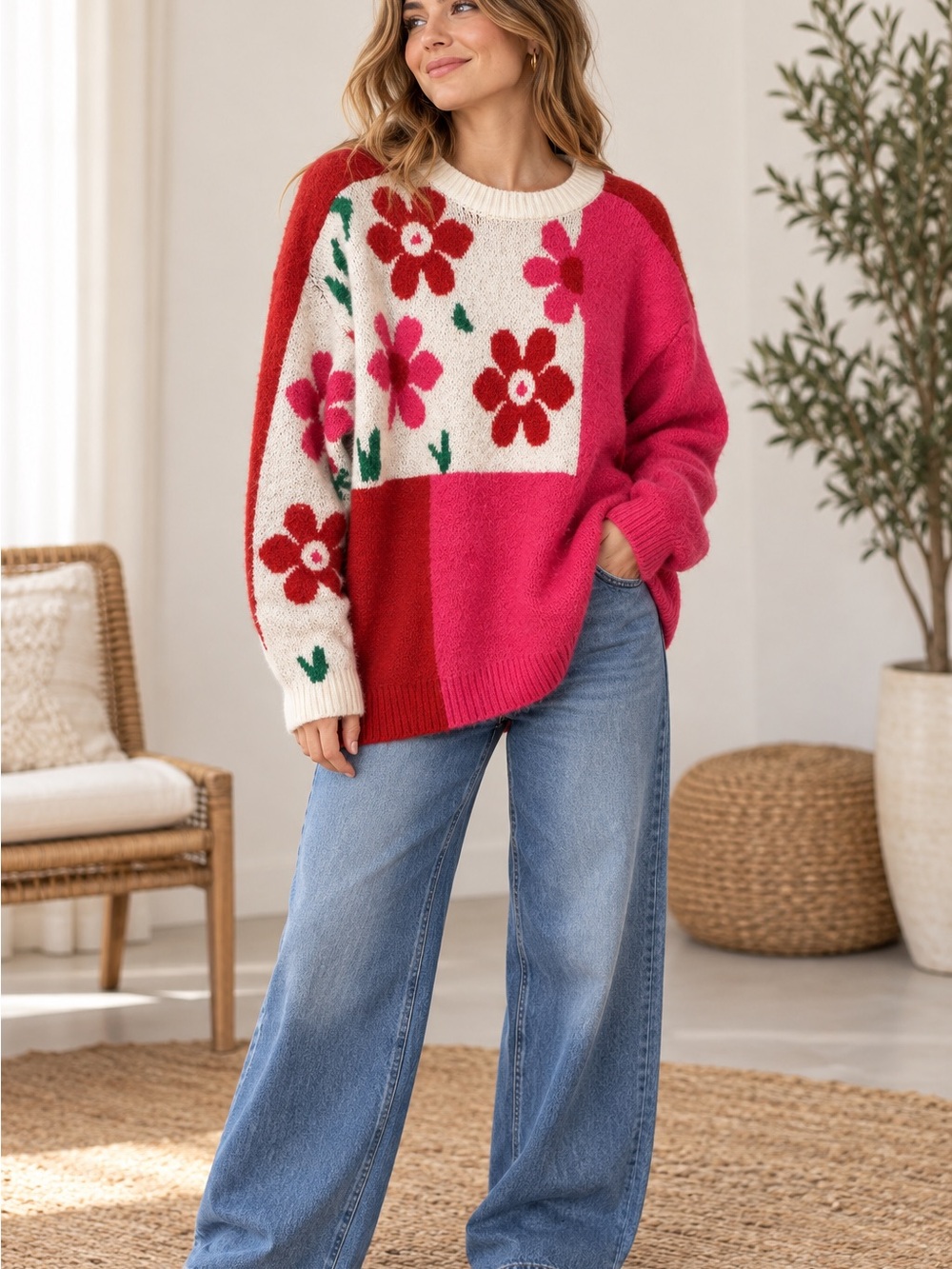 JODIFL Floral Block Crewneck Sweater (090789) 🌼